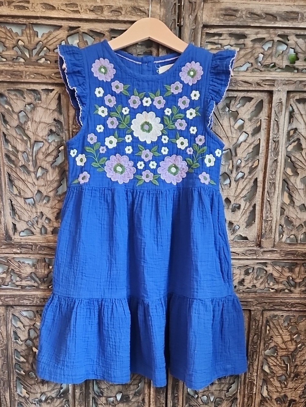 Mini Boden Royal Blue Floral Embroidered Tiered Dress. 7/8